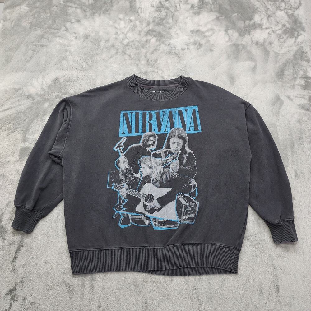 American Eagle Sweatshirt Womens M Gray AE Oversized Fleece Nirvana Distressed